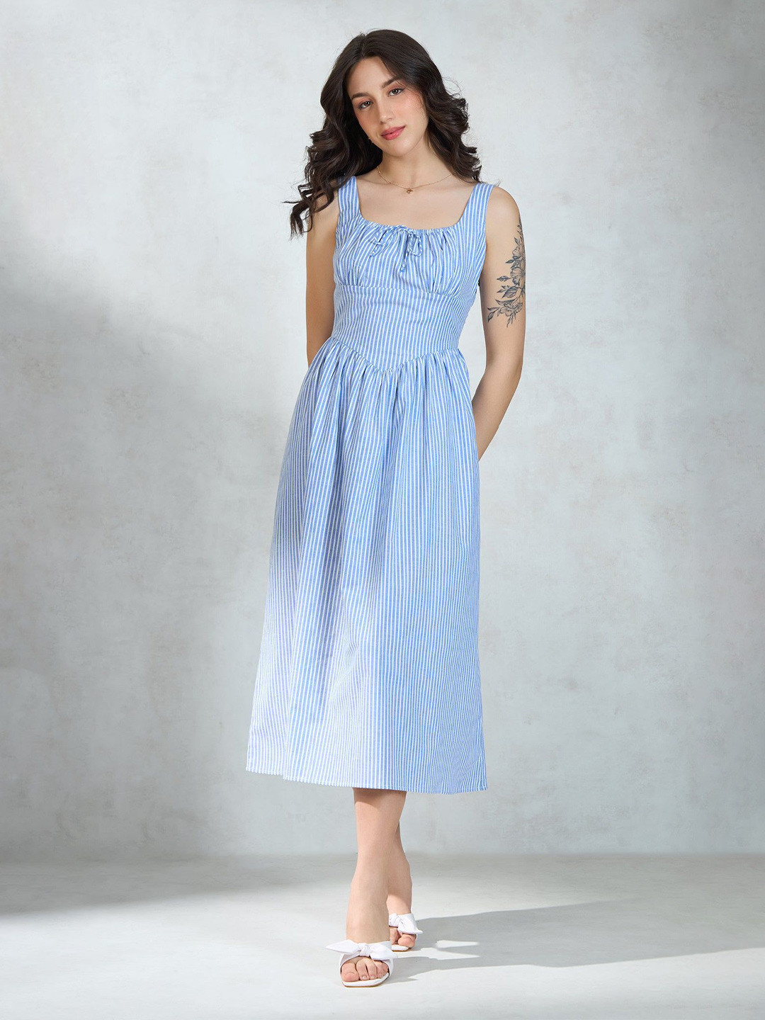 Virgio Pure Cotton Sleeveless Stripe Flare Dress