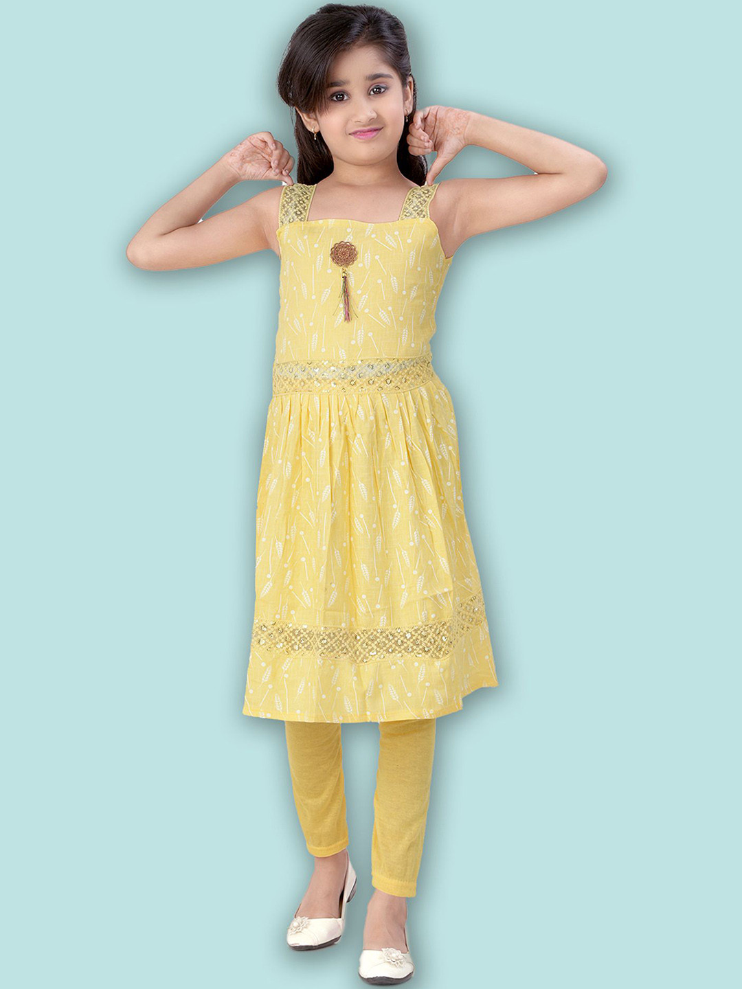 BURBN Girls Floral Printed Square Neck Sequinned A-Line Kurta with Leggings