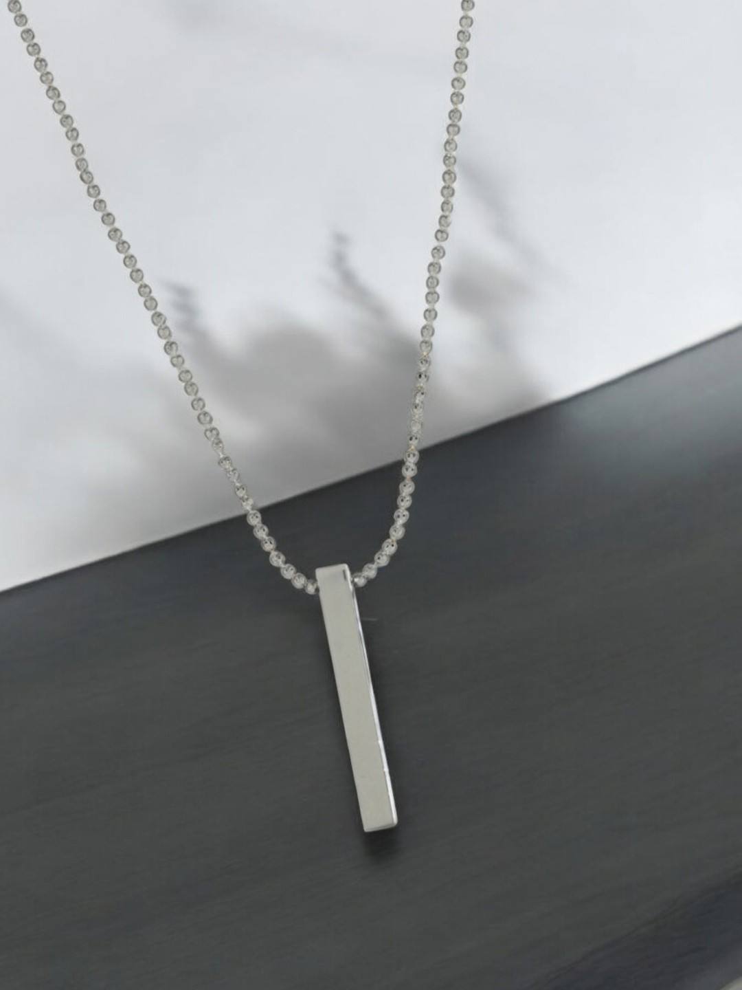 fabula Silver-Plated Geometric Printed 3D Cuboid Vertical Bar Pendant With Chain