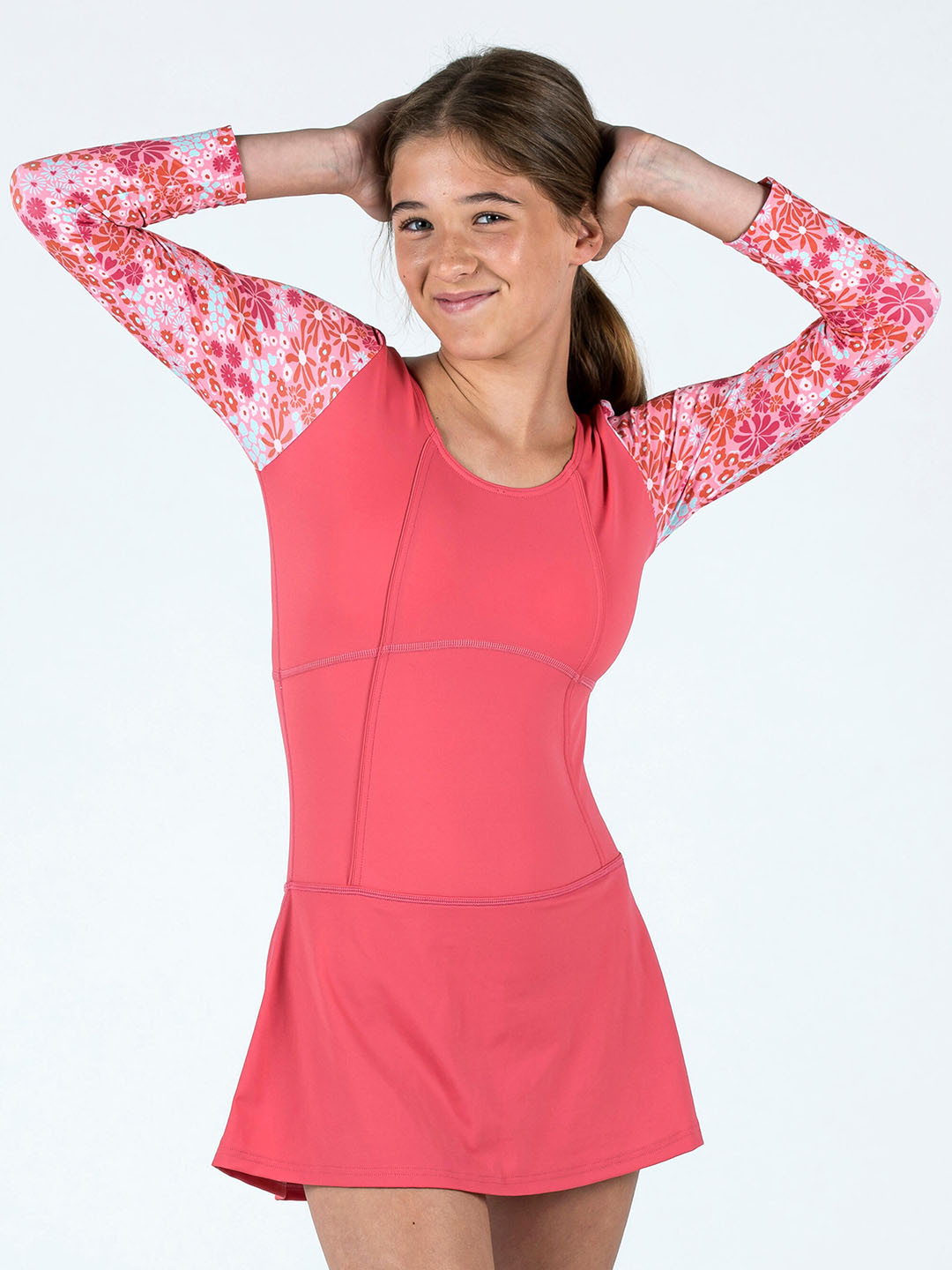 Decathlon NABAIJI - Girls Orange Full-Sleeve One-Piece Swimsuit With Shorts