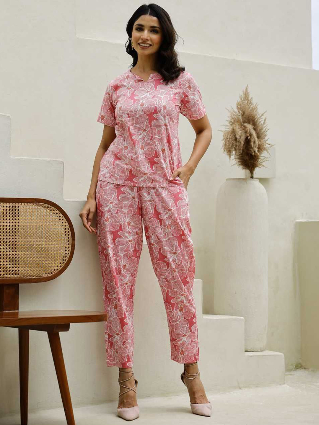 FLAVIA CREATION Women Floral Printed Pure Cotton Top & Trouser Co-Ords