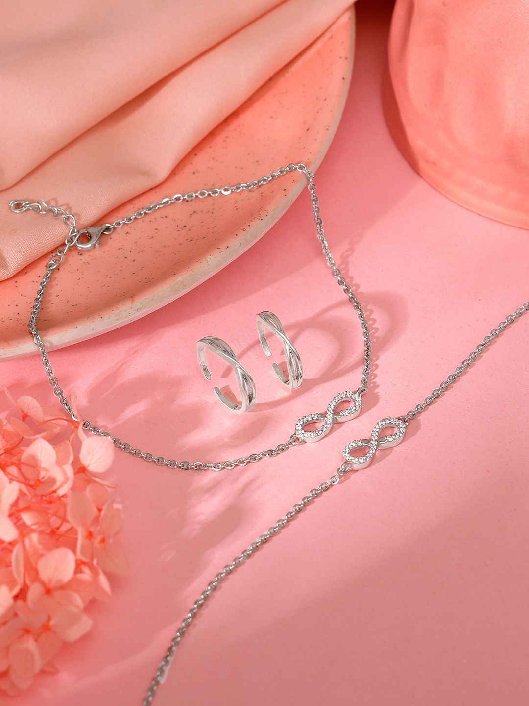 GIVA 925 Sterling Silver Stone-Studded Anklet And Toe Rings Aradhana Jewellery Set