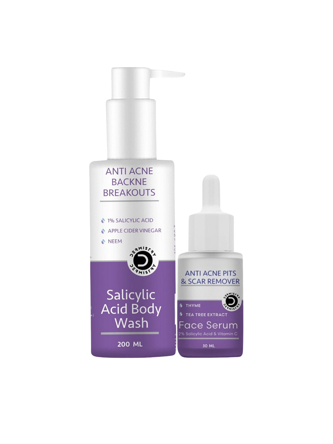 DERMISTRY Anti Acne Salicylic Acid Body Wash - 200 ml With Face Serum - 30 ml