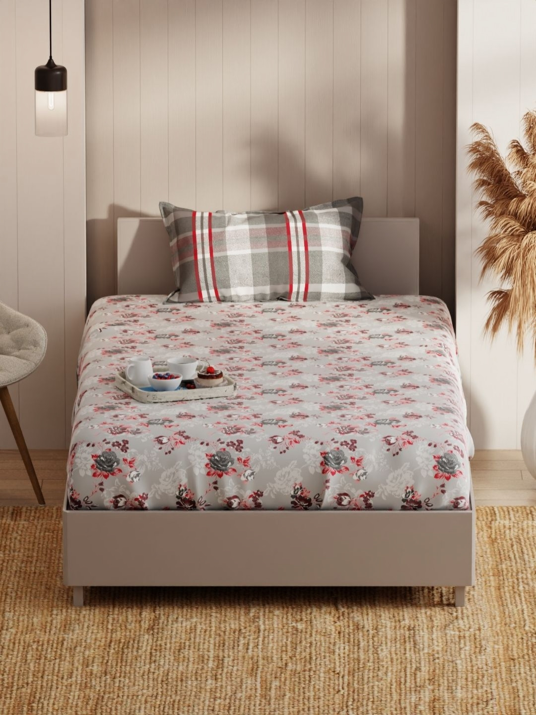 KOPA Grey Floral Microfiber 152 TC Fitted Single Bedsheet with a Pillow Cover-61 x 93 inches