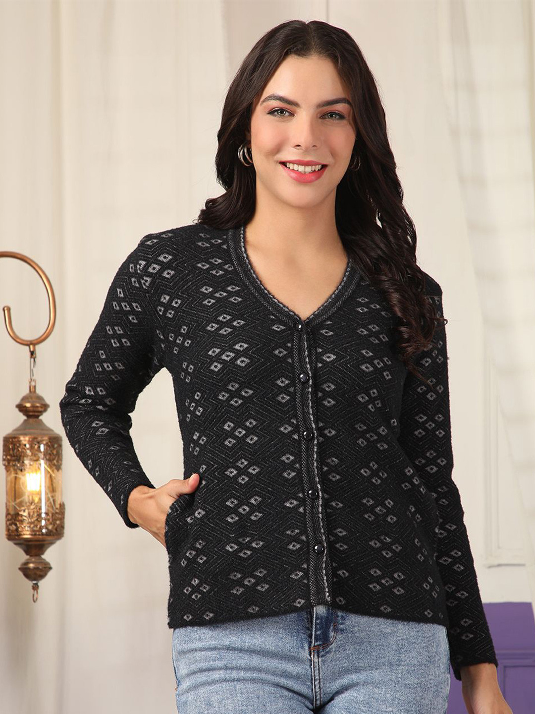 Cayman Women Self Design V-Neck Geometric Print Cable Knit Woollen Cardigan Sweater