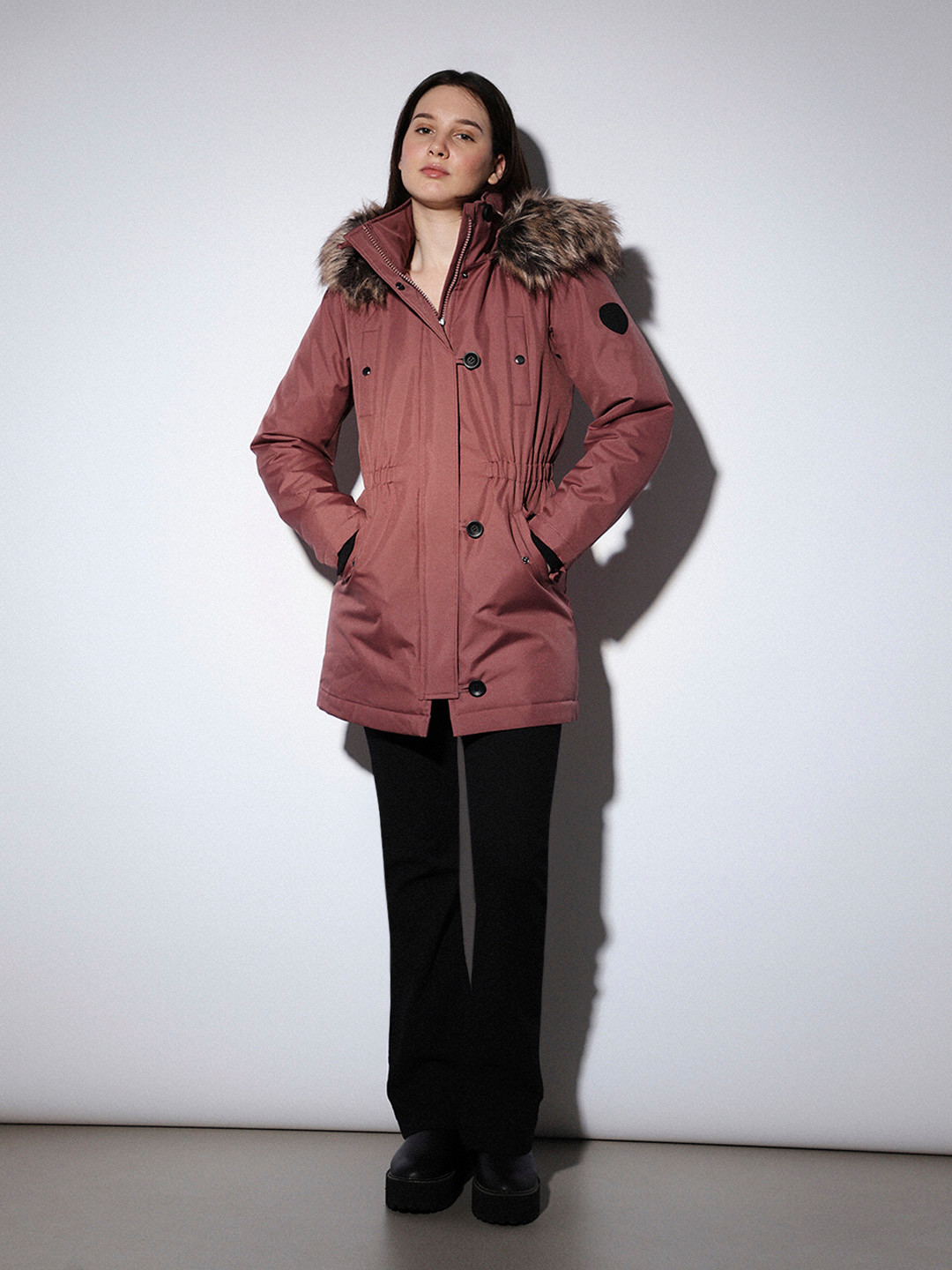 ONLY Women Solid Hooded Faux Fur Trim Parka Coats