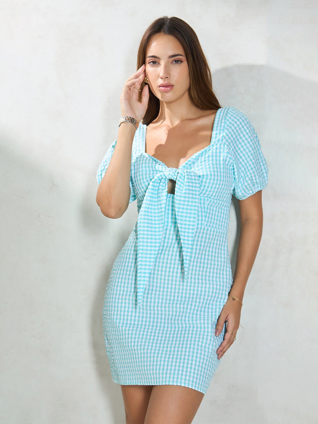 Virgio Pure Cotton Gingham Print Front Tie-Up Mini Dress