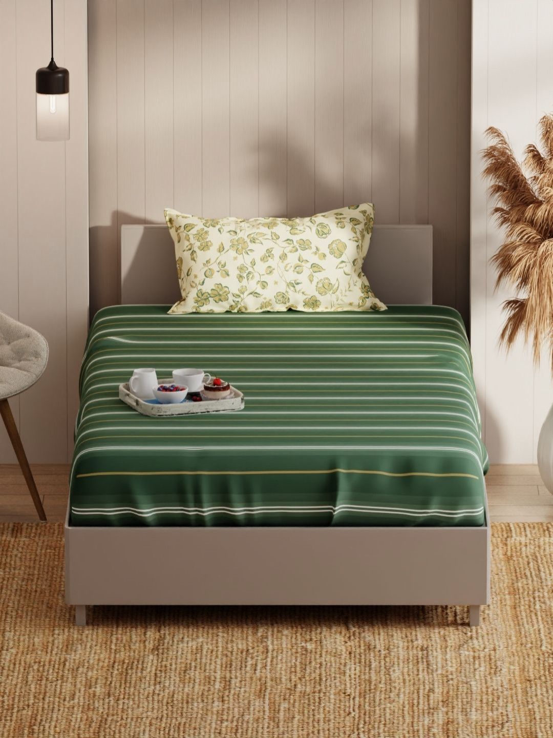 KOPA bio-soft Green Microfiber 152 TC Single Bedsheet with 1 Pillow Cover 1.55 m X 2.36 m