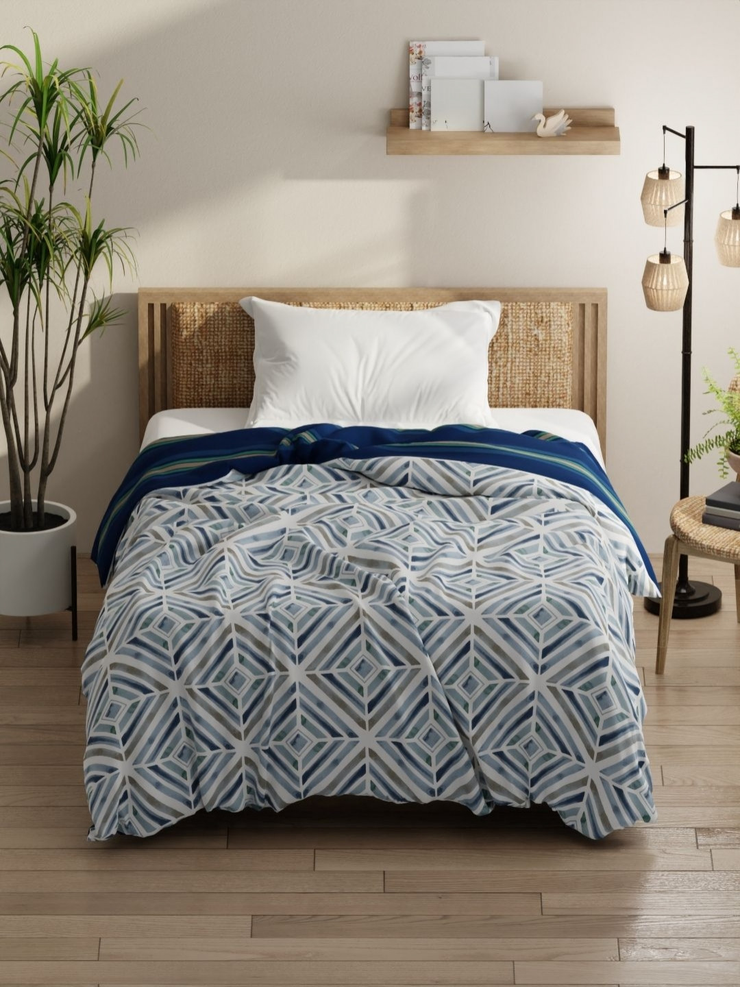 KOPA Denim Cotton Blue & White Geometric Microfiber AC Room 150 GSM Single Bed Comforter