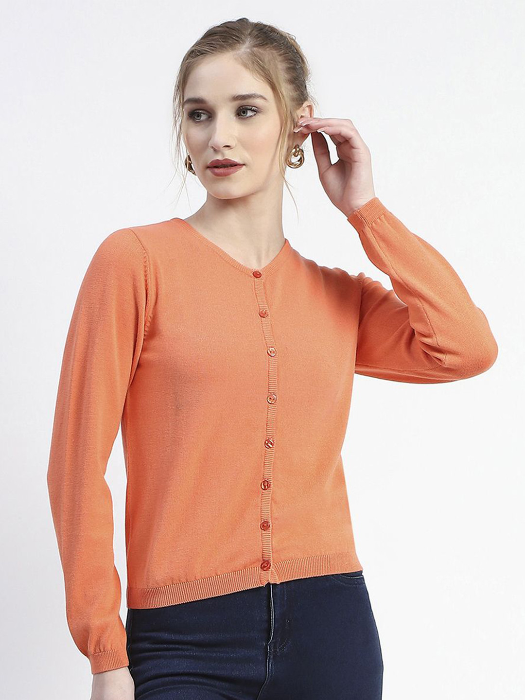 Madame Women Solid Ribbed Cardigan Sweater