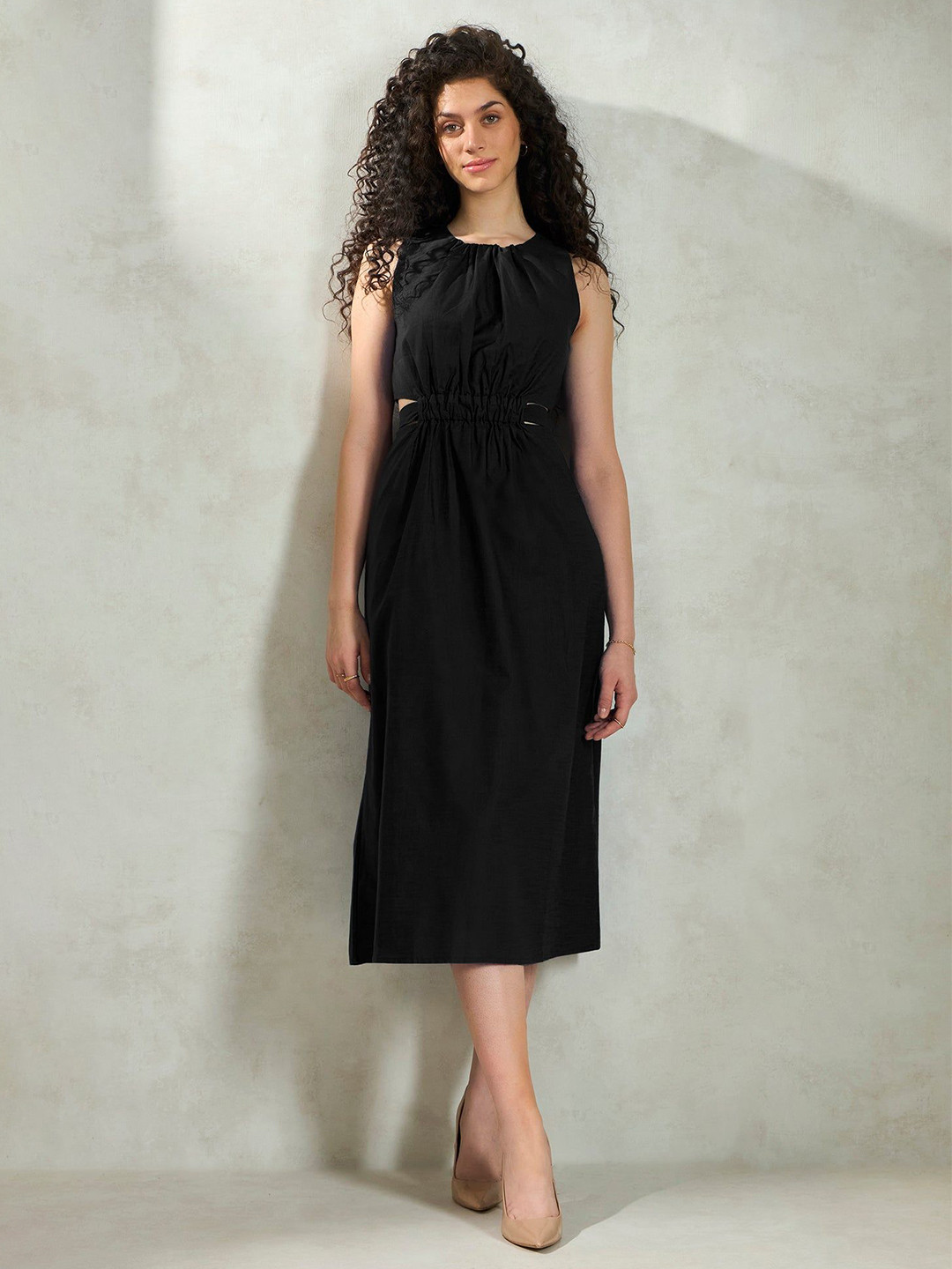 Virgio Pure Cotton Elastic Waist Cutout Midi Dress