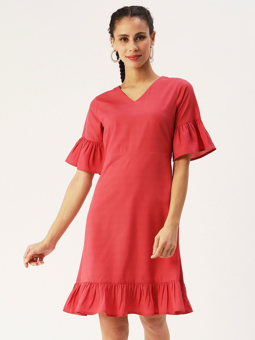 DressBerry Glam Women Flared Sleeve Crepe Flounce A-Line Dress