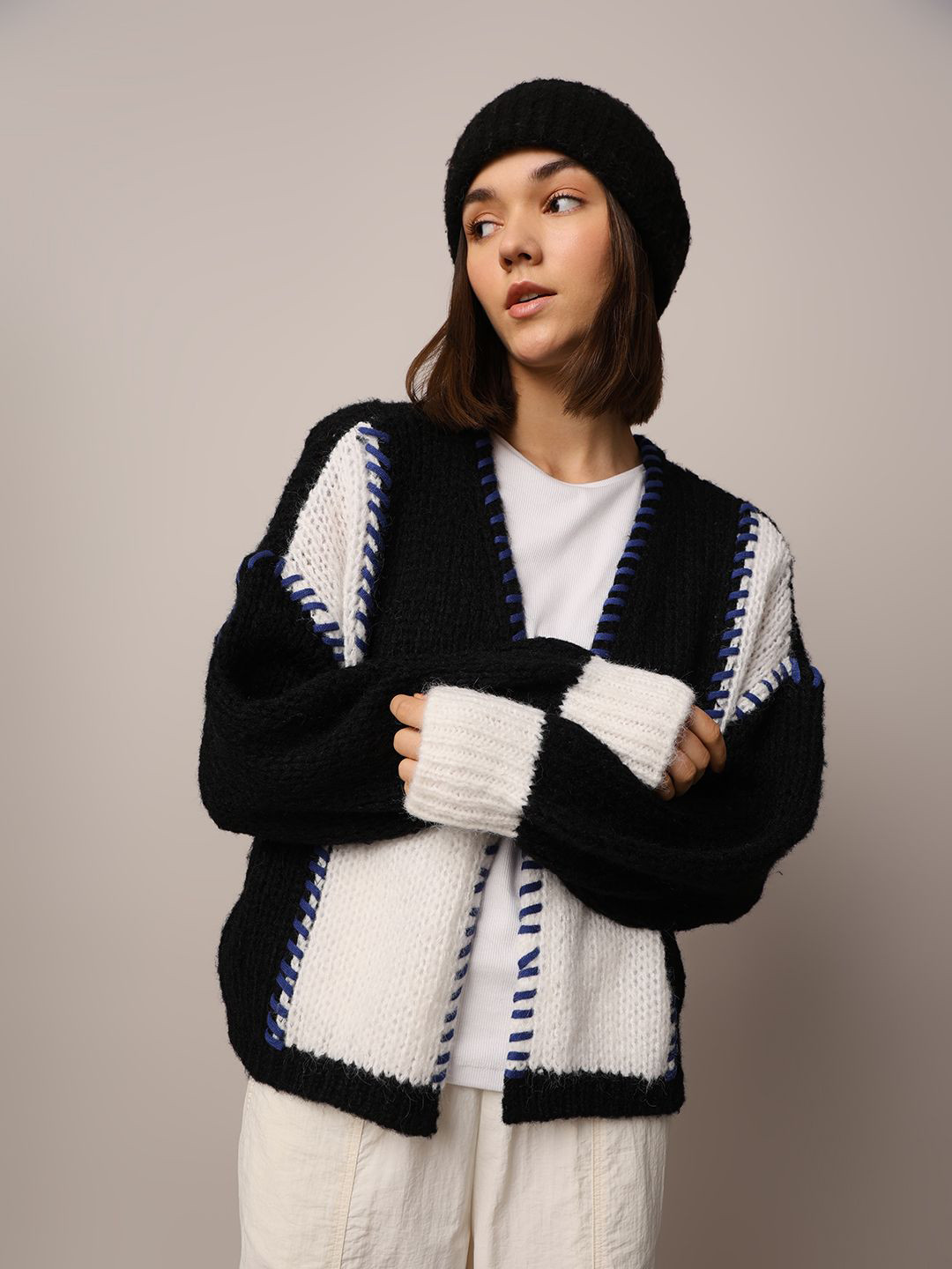 ONLY Women Colourblocked V-Neck Cardigan Sweater