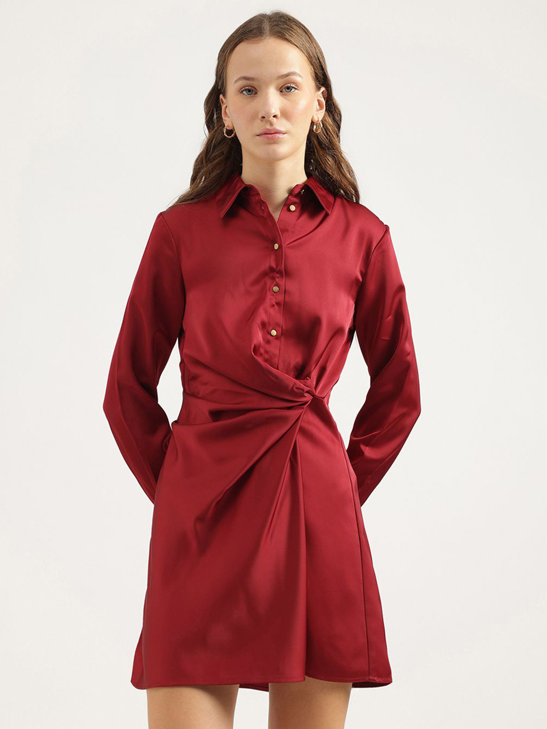 United Colors of Benetton Spread Collar Solid Shirt Mini Dress