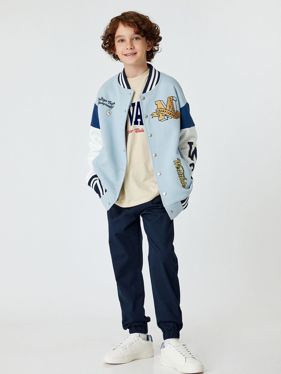 Koton Boys Stand Collar Graphic Printed Cotton Casual Bomber Jacket