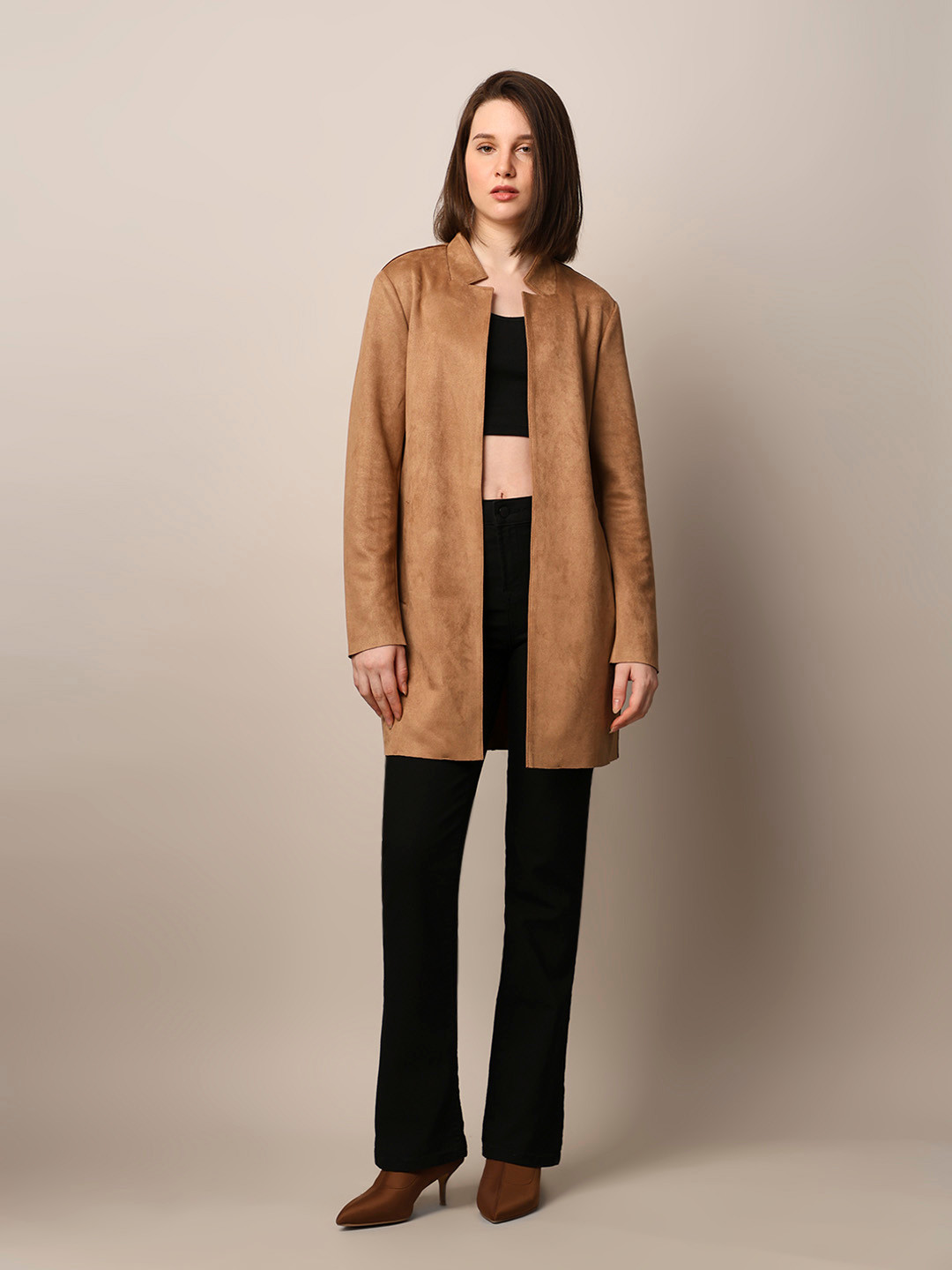 ONLY Women Solid Front Open Stand Collar Overcoat