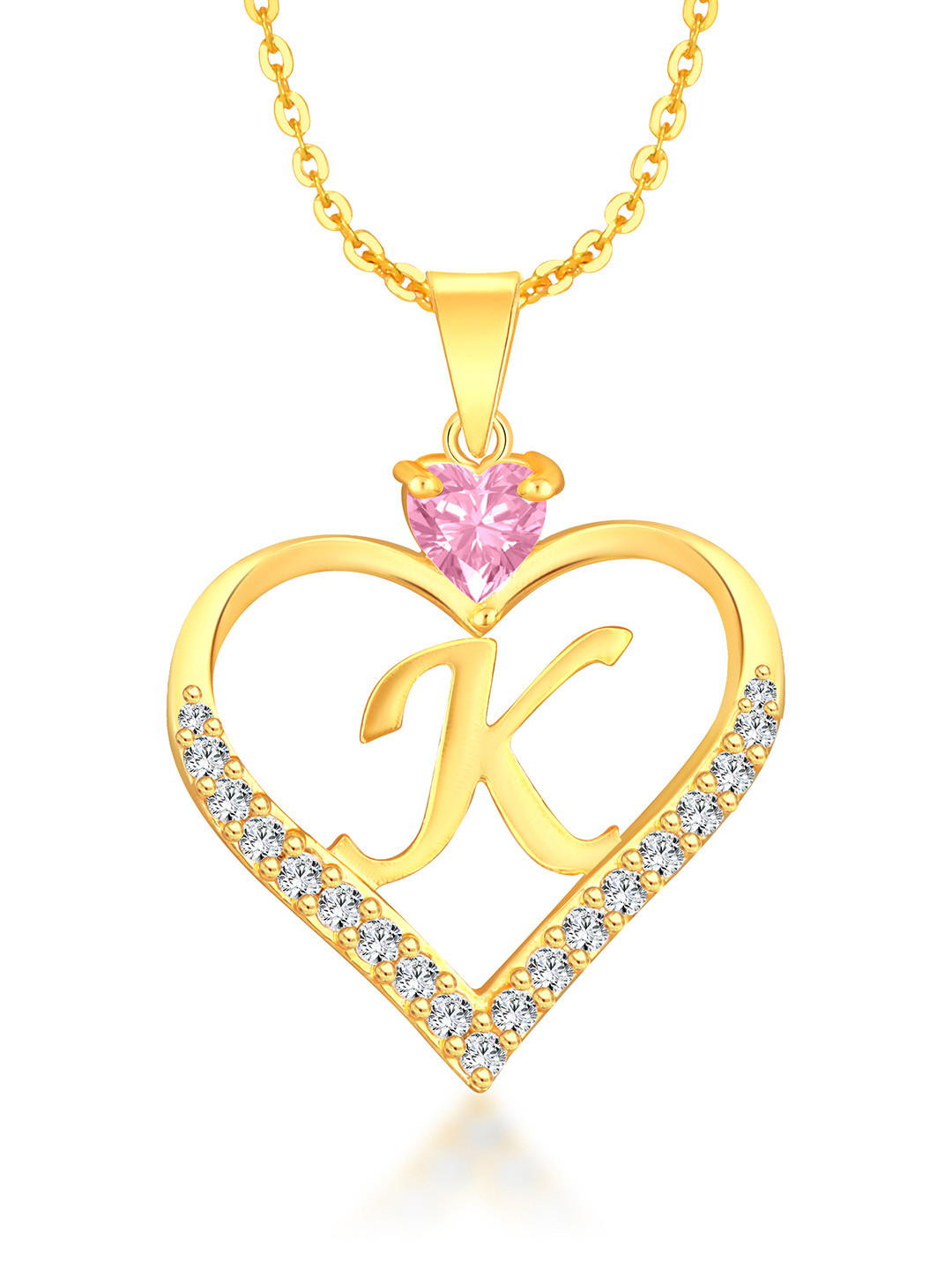 Heer Collection Gold-Plated CZ Studded Alphabet 'K' Heart Shaped Pendant & Chain
