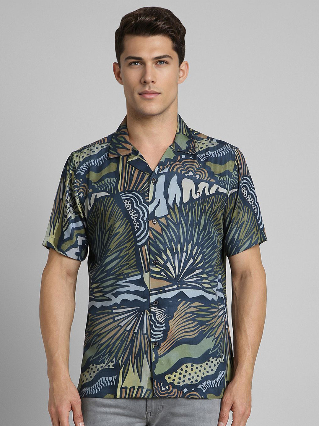 SIMON CARTER LONDON Men Cuban Collar Abstract Printed Cotton Casual Shirt