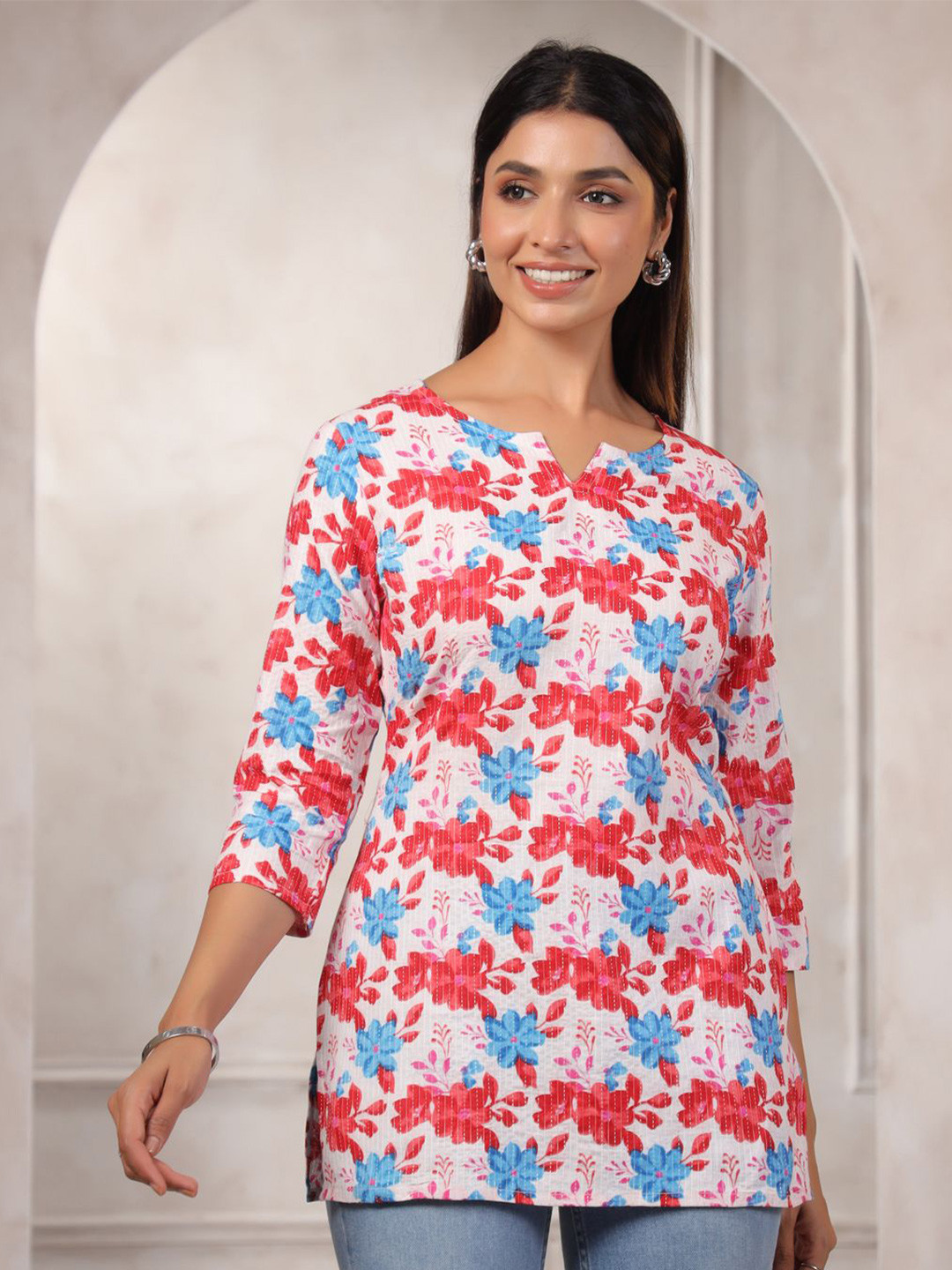 LYFJ Women Floral Printed Notched Round Neck Pure Cotton Kurti