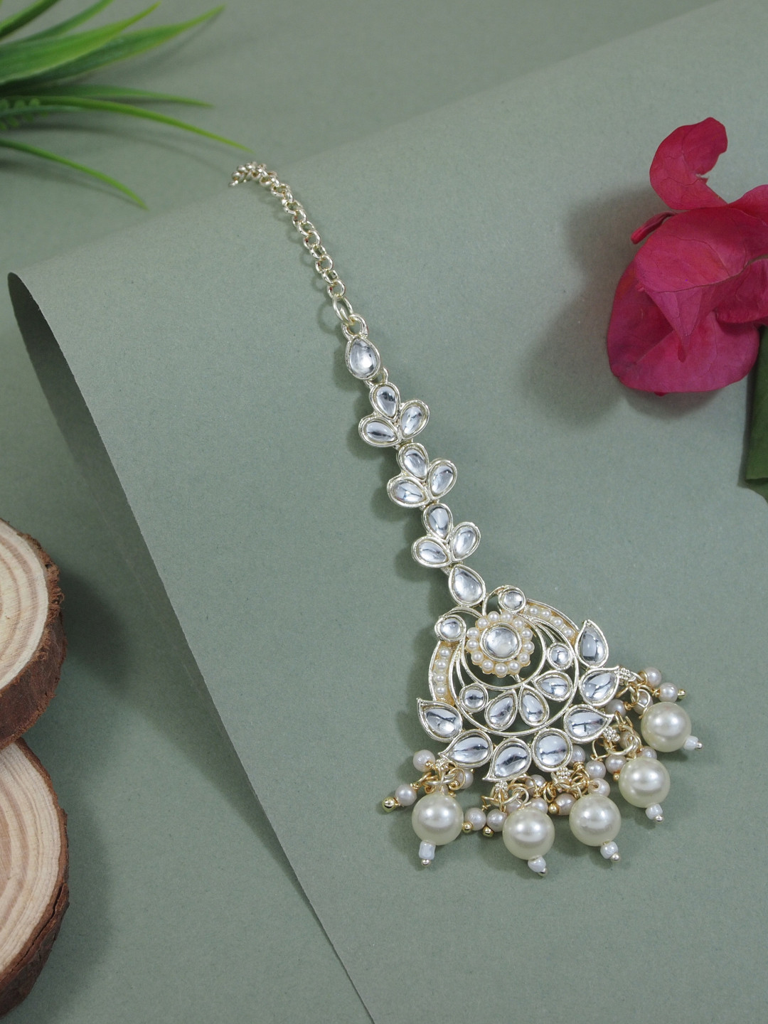 I Jewels Gold-Plated Maang Kundan & Pearl Tikka Head