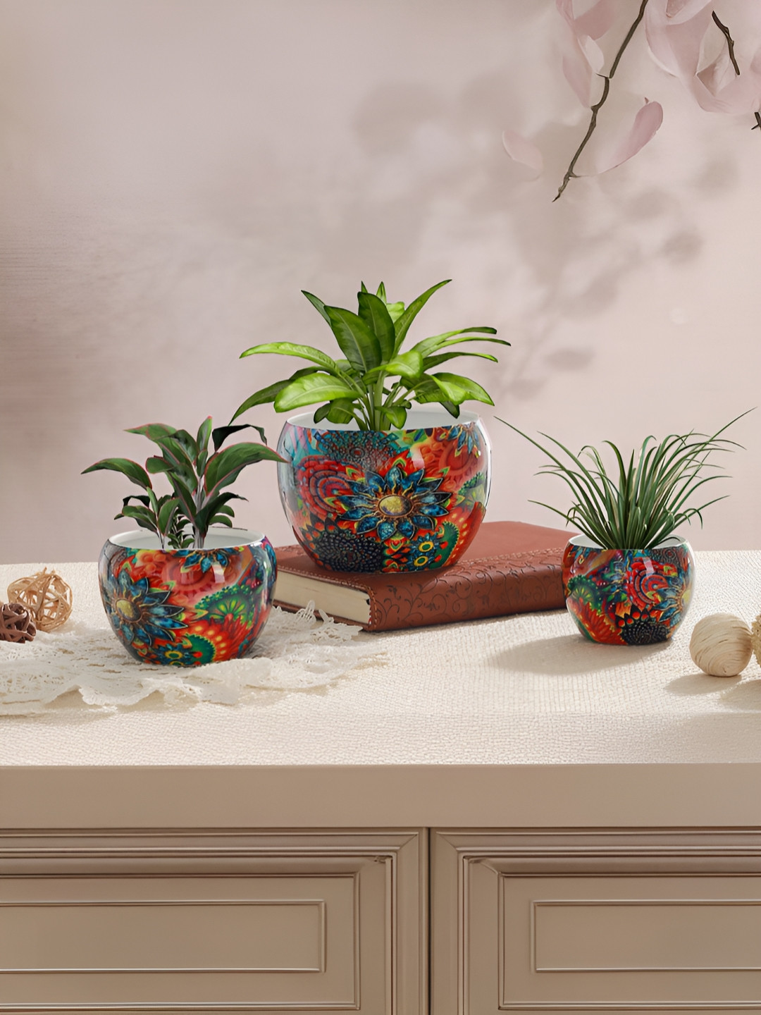 Homspurts Apple Bowl Planter Blue & Yellow 3 Pieces Printed Metal Planters