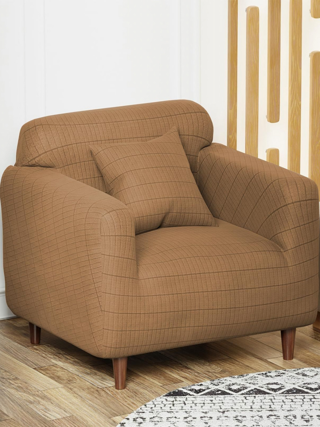 Lukzer Beige Printed Jacquard Sofa Cover With Arms