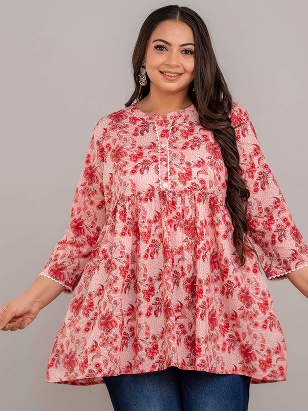 Fashion Zest Women Floral Printed Plus Size Mandarin Collar Tunic