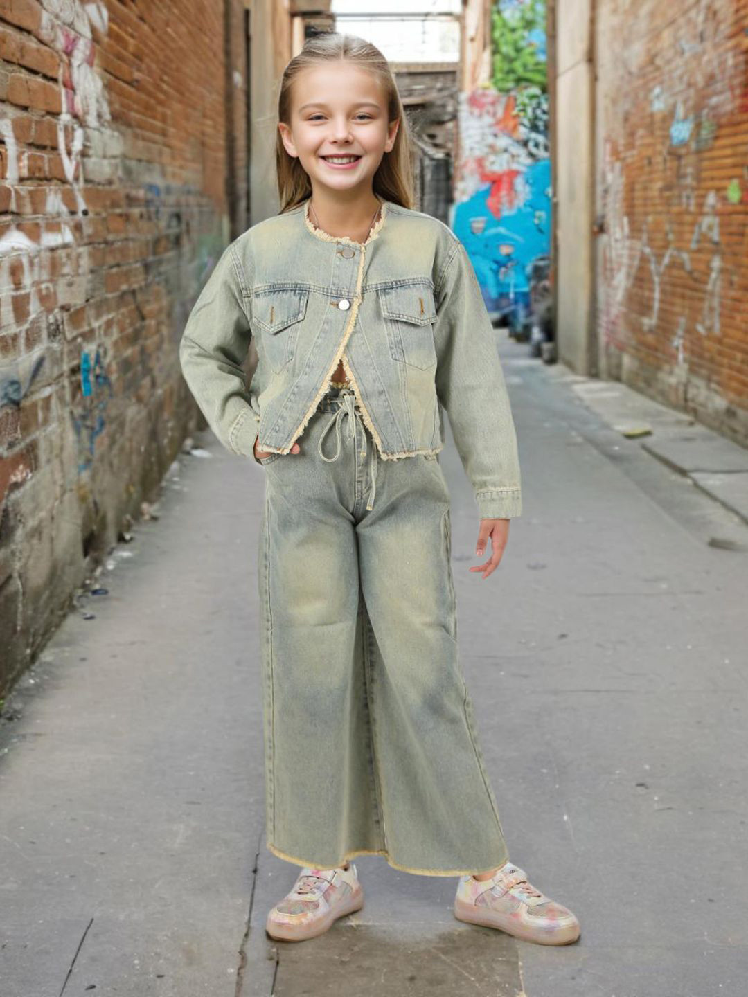 INCLUD Girls Denim Coat with Trouser Set