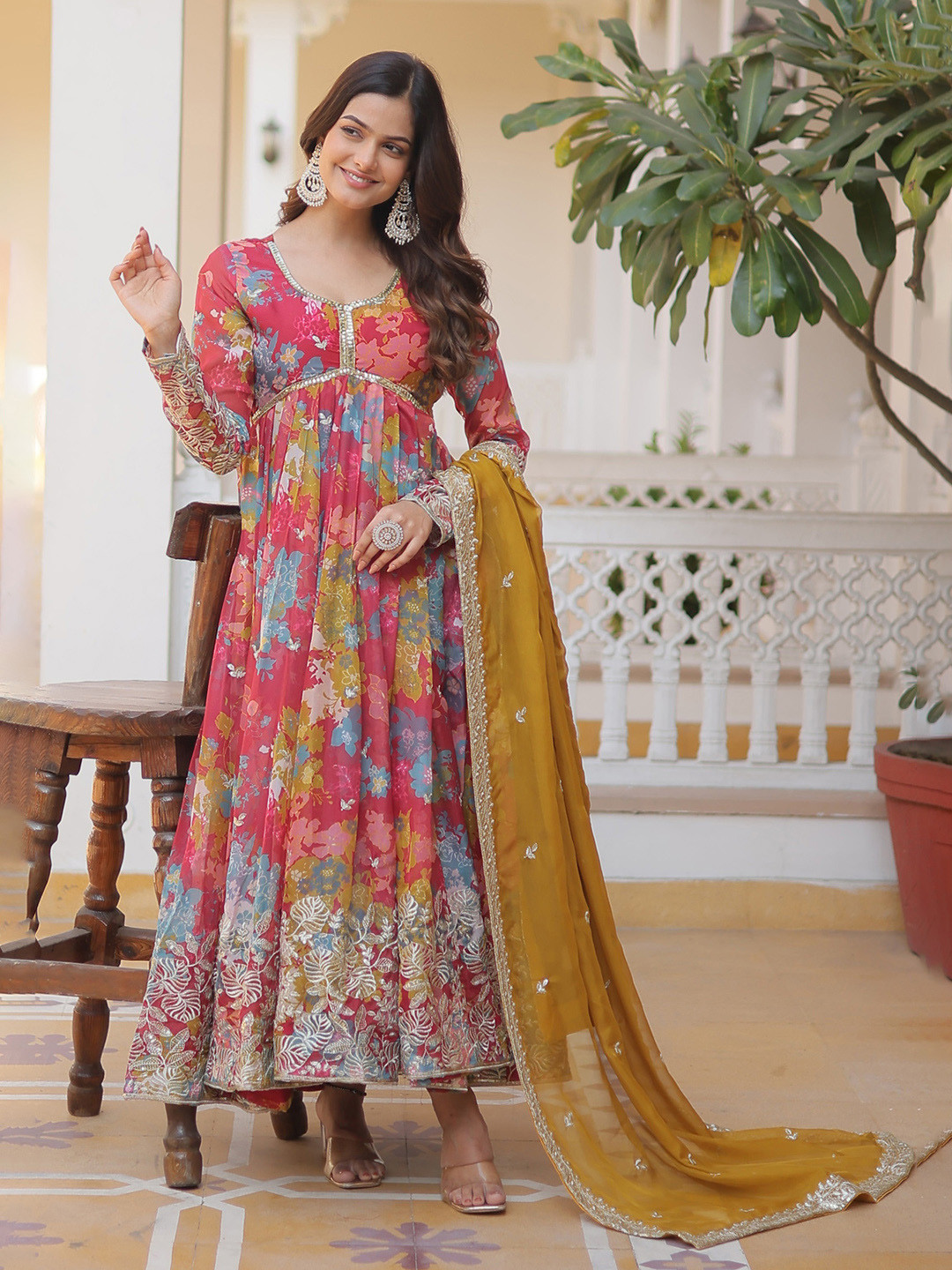 Wedani Floral Printed V-Neck Long Sleeves Sequinned Georgette Kurta & Dupatta