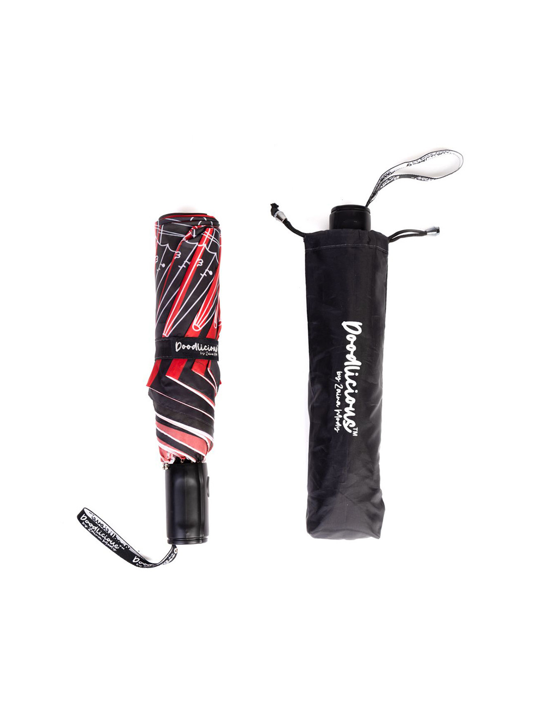 Doodlicious Red & Black Graphic Printed 9 Fold Umbrella for UV Protection With Cover