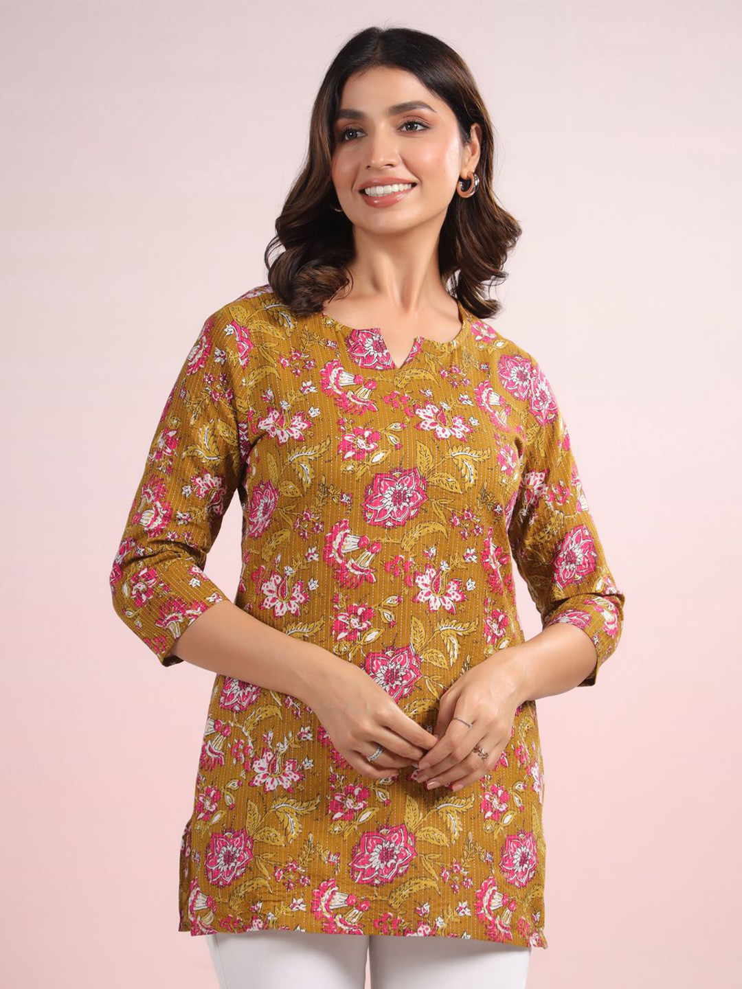LYFJ Women Floral Printed Notched Round Neck Pure Cotton Kurti