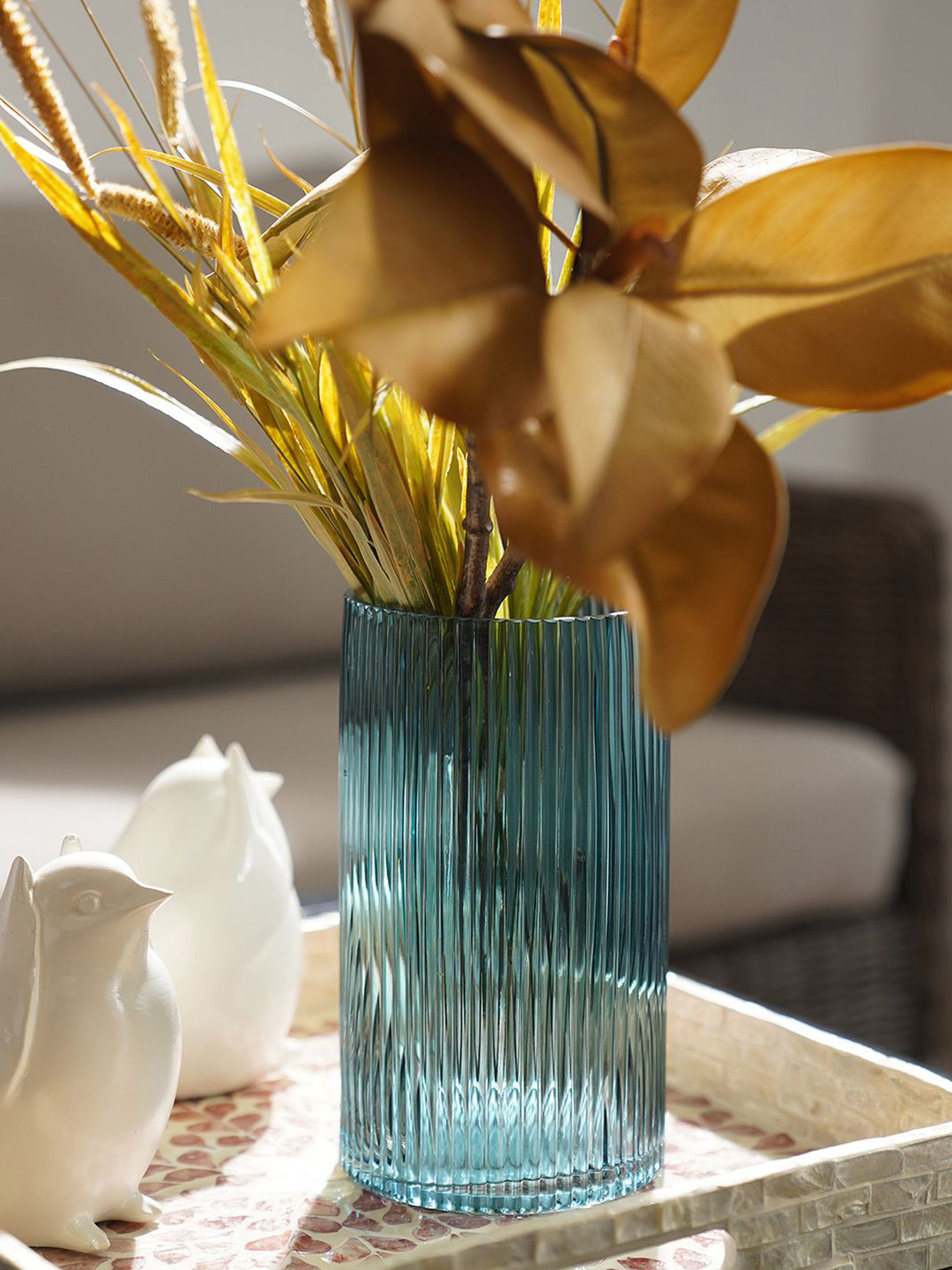 Pure Home and Living Blue Ribbed Straight Glass Vase