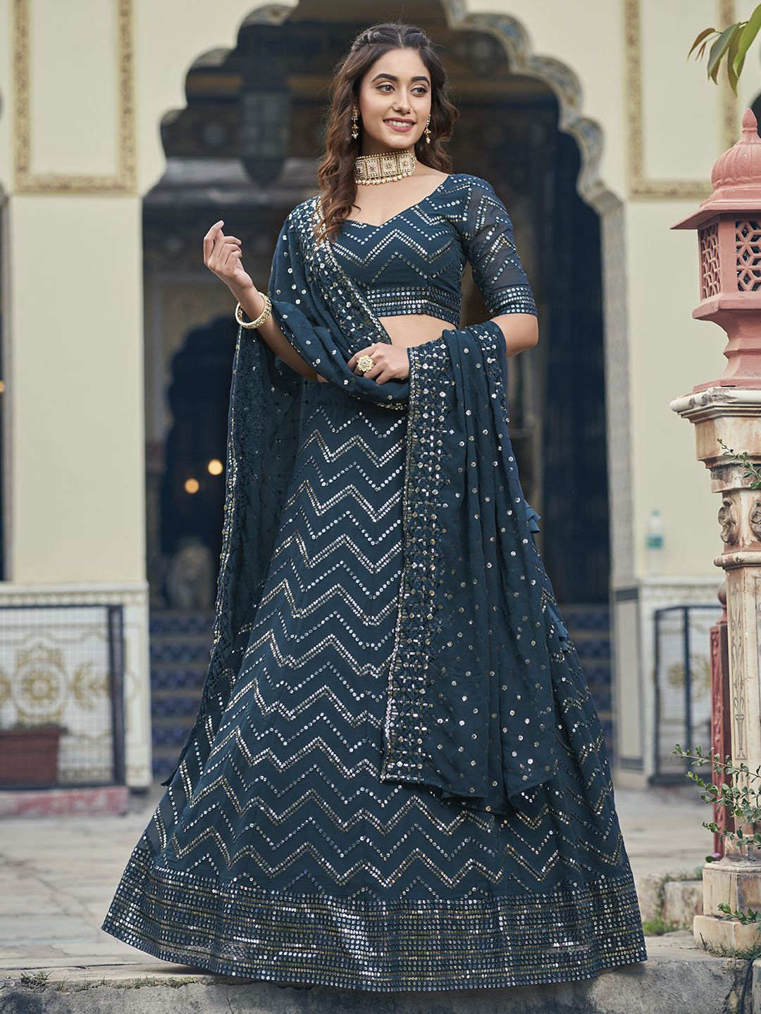 Pink Ethnic Women Embellished Semi-Stitched Lehenga & Unstitched Blouse With Dupatta