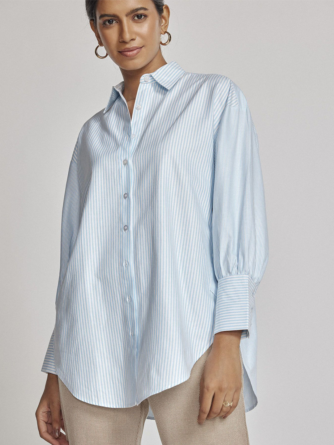 The Label Life Women Spread Collar Vertical Striped Cotton Oversized Casual Shirt