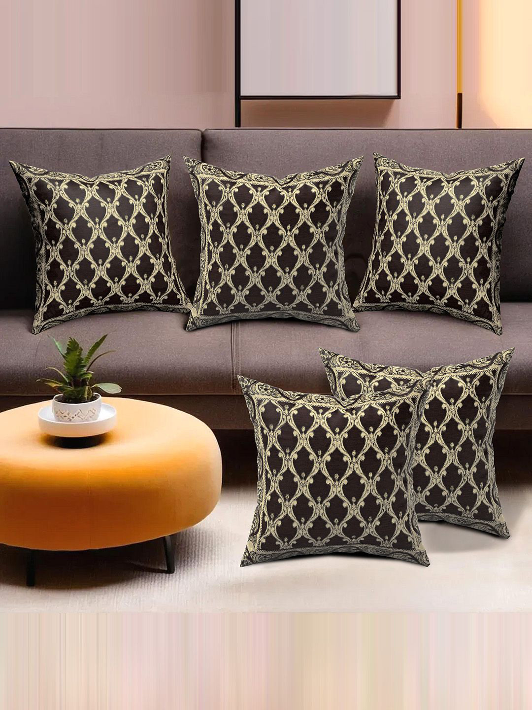 Kuber Industries Brown & Off White 5 Pieces Ethnic Motifs Printed Square Cushion Covers