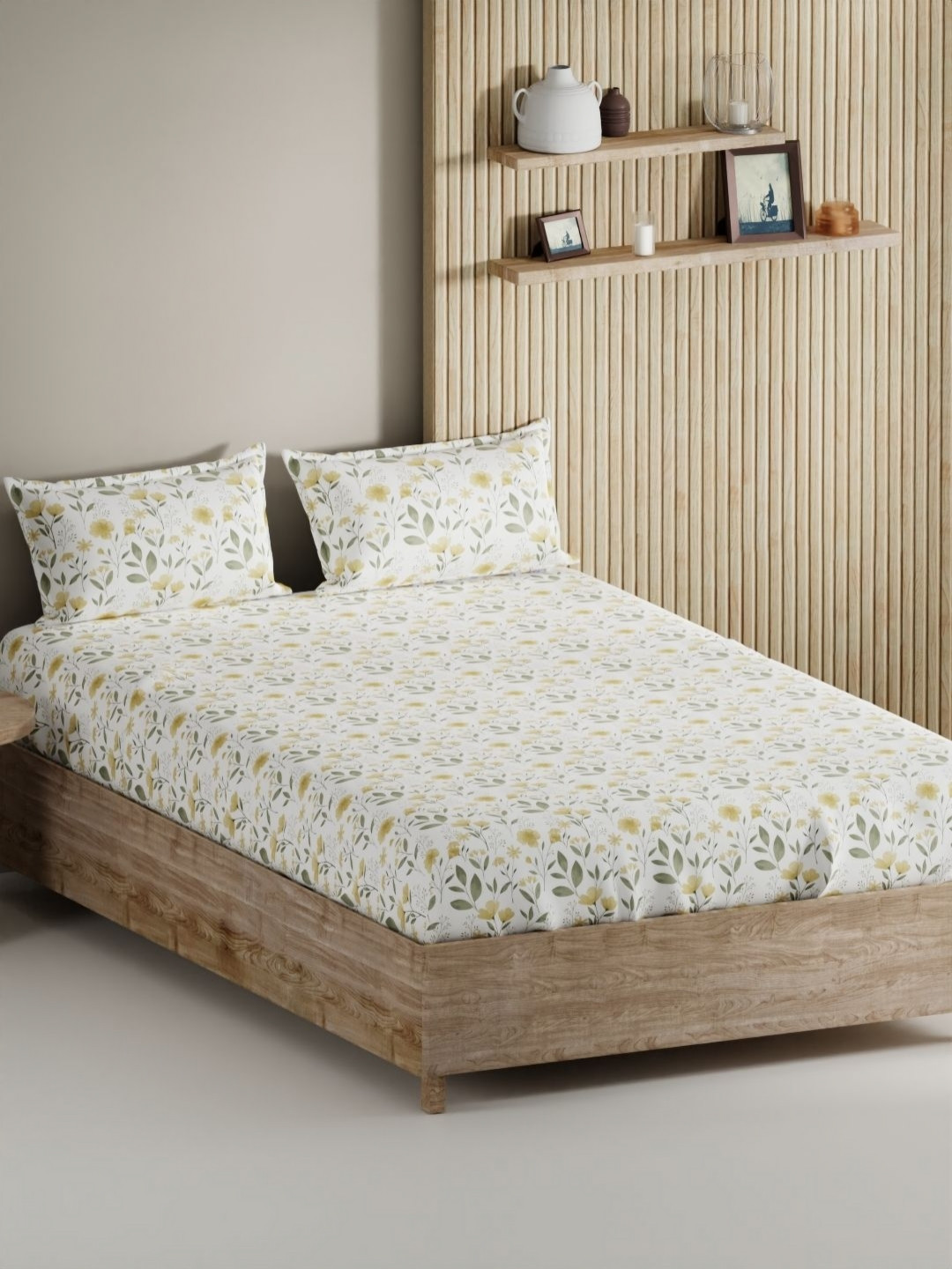 BIANCA Palladium Yellow Printed Pure Cotton Printed 144 TC King Bedsheet Set 2.74 x 2.74 m