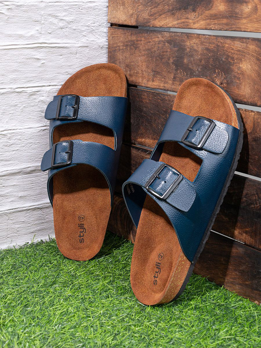 Styli Men Navy Blue Double Buckle Straps Comfort Sandals