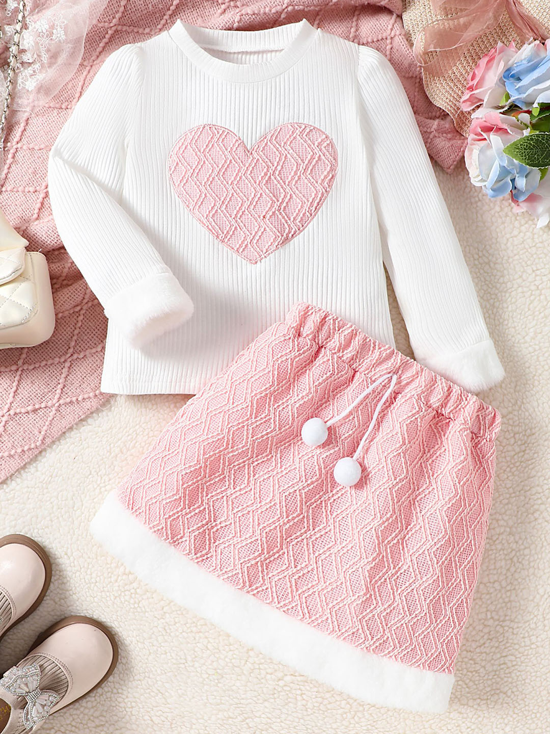 LULU & SKY Girls Heart Patchwork Top with Pom-pom Skirt