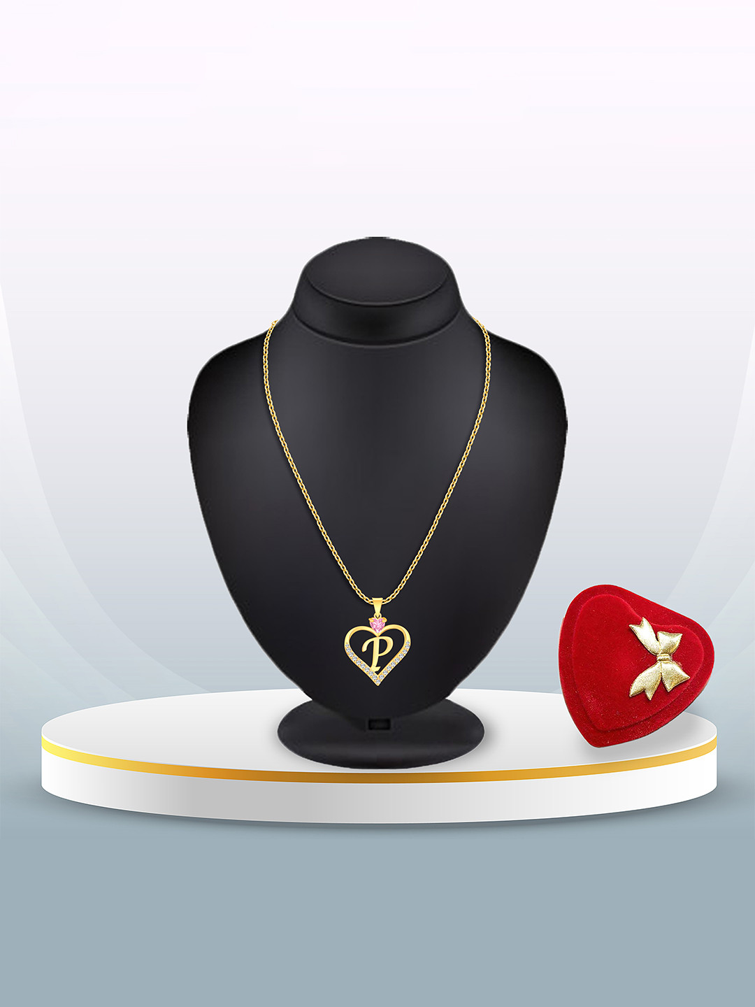 Heer Collection Gold-Plated CZ Studded Alphabet 'P' Heart Shaped Pendant & Chain