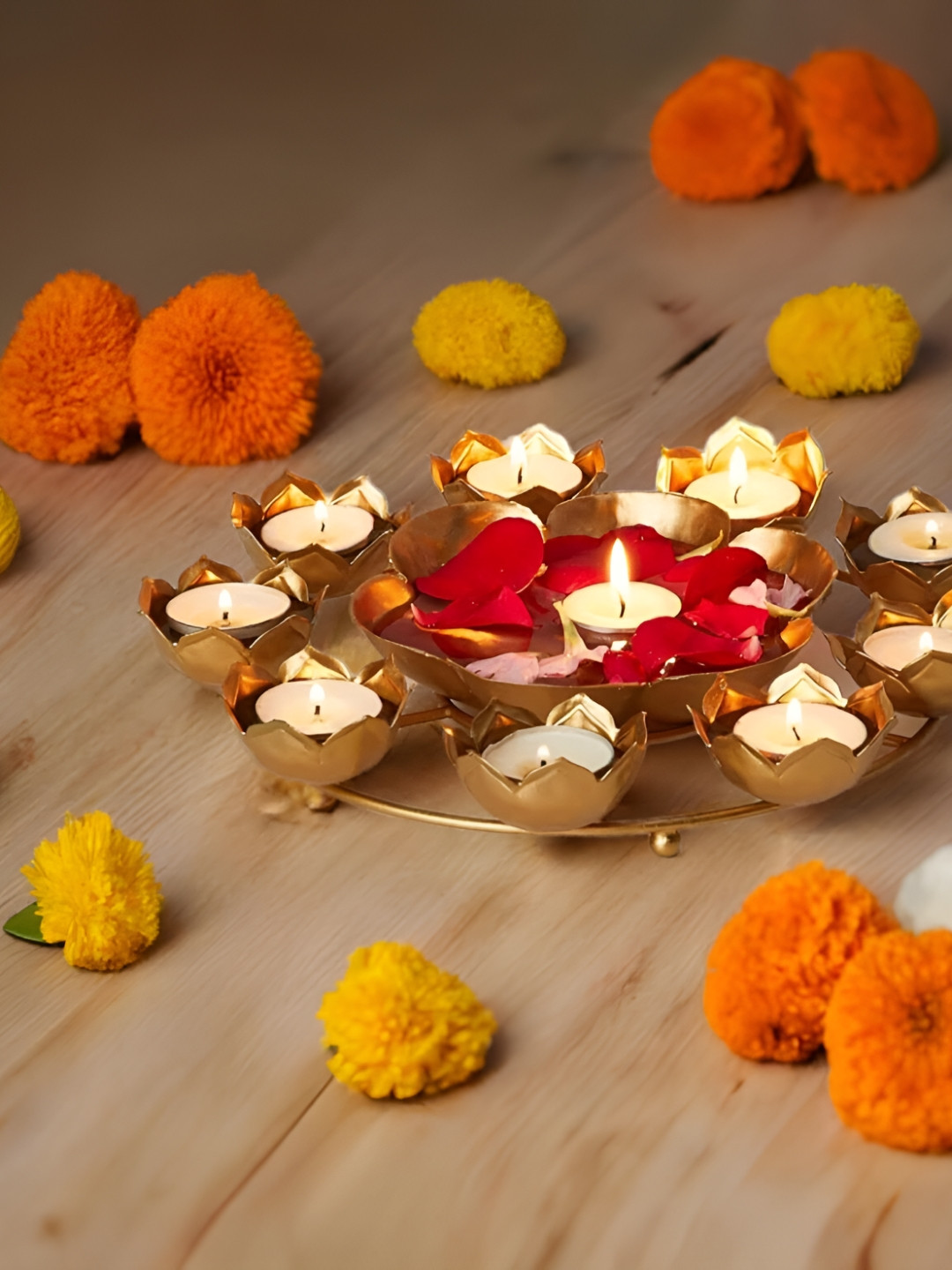 Special You Gold Toned Textured Double Flower Decorative Bowl