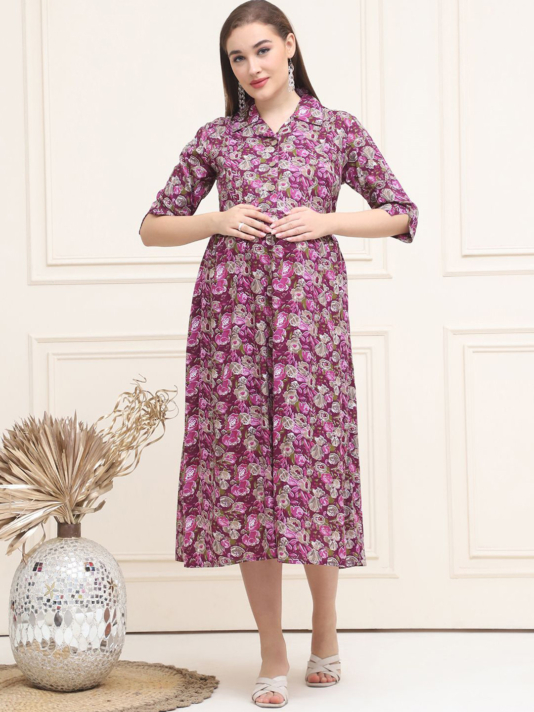 Frempy Women Floral Printed Pure Cotton Maternity Shirt Midi Dress