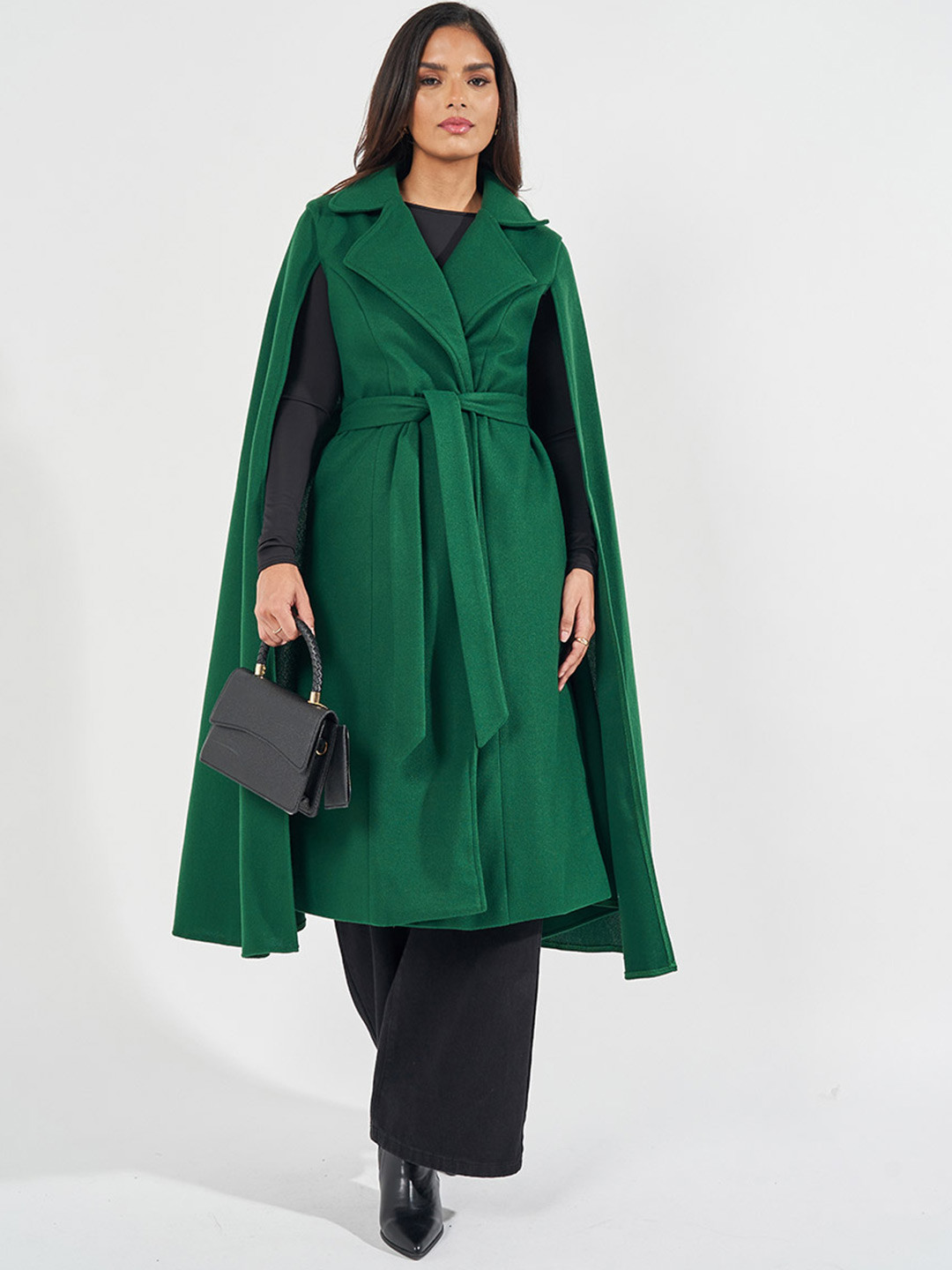 Styli Women Regular Fit Midi Length Wool Look Coat with Cape Sleeves