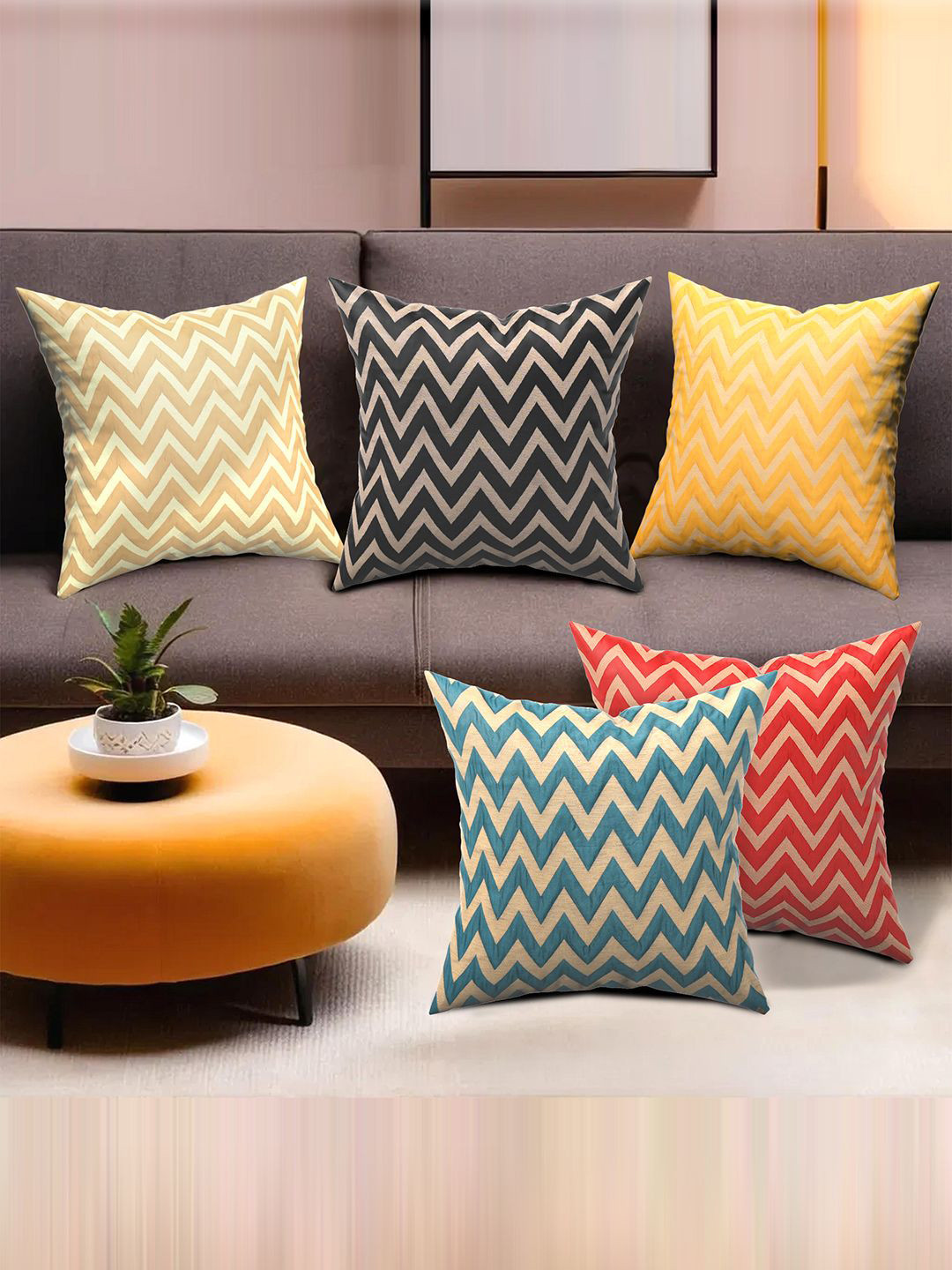 Kuber Industries Chevron Polyester Washable 5 Pcs Textured Cushion Covers -16.5x16.5In
