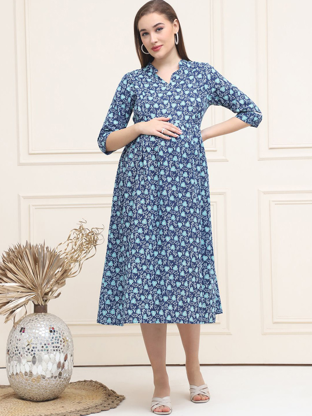 Frempy Women Floral Printed Pure Cotton Maternity A-Line Midi Dress