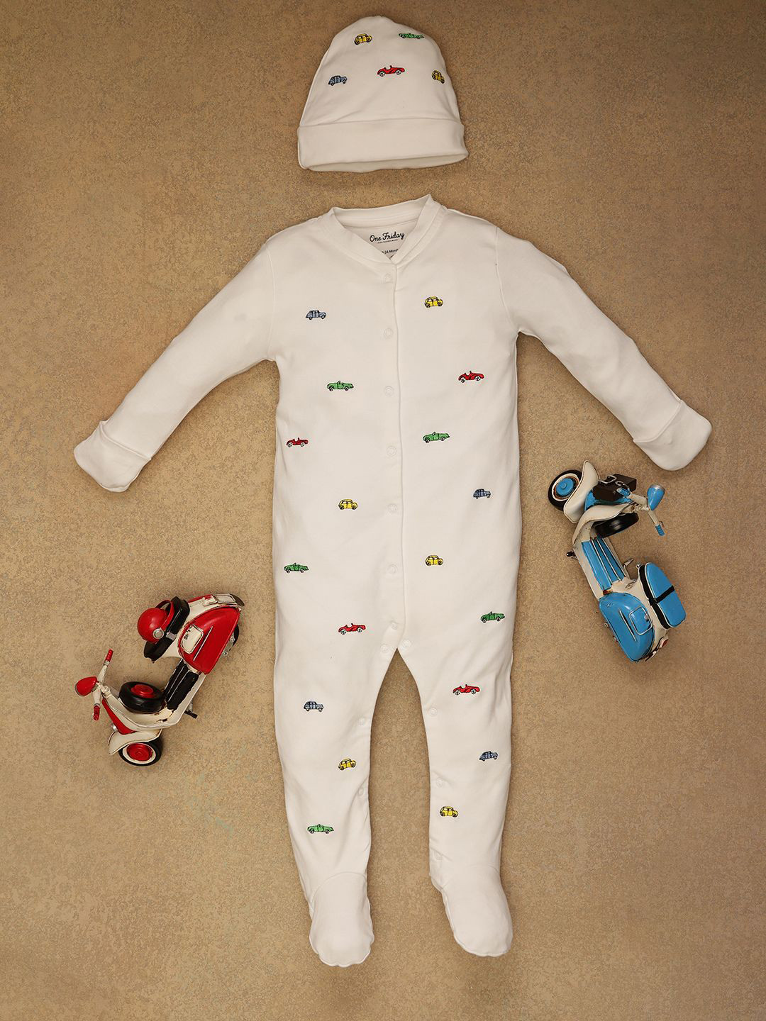 One Friday Infant Boys Embroidered Pure Cotton Sleepsuit With Cap