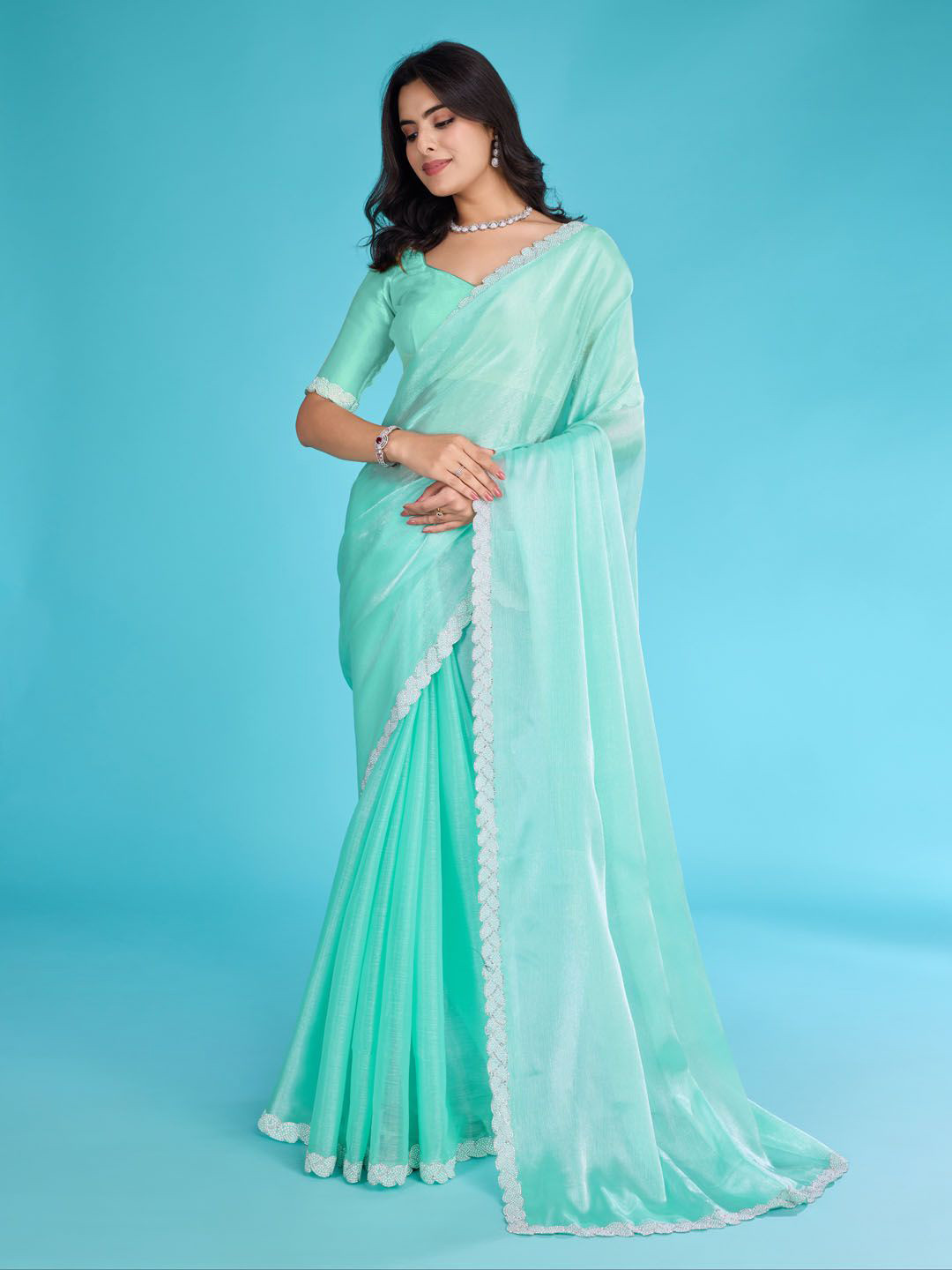 Meena Bazaar Beads and Stones Poly Chiffon Saree
