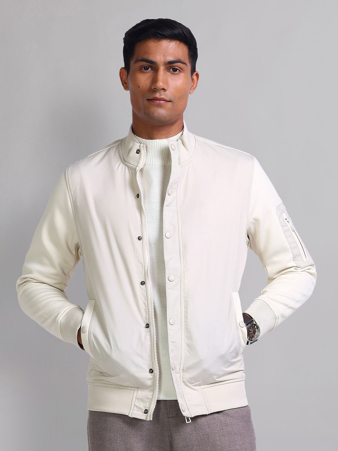 AD By Arvind Men Stand Collar Solid Casual Bomber Jacket