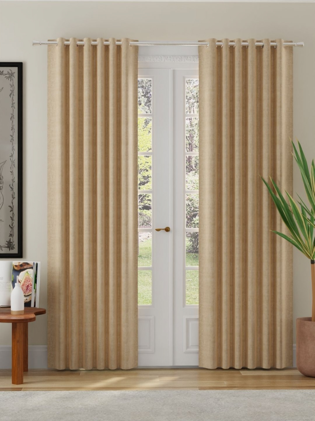 ROSARA HOME Beige 2 Pieces Self Design Room Darkening Eyelet Door Curtains