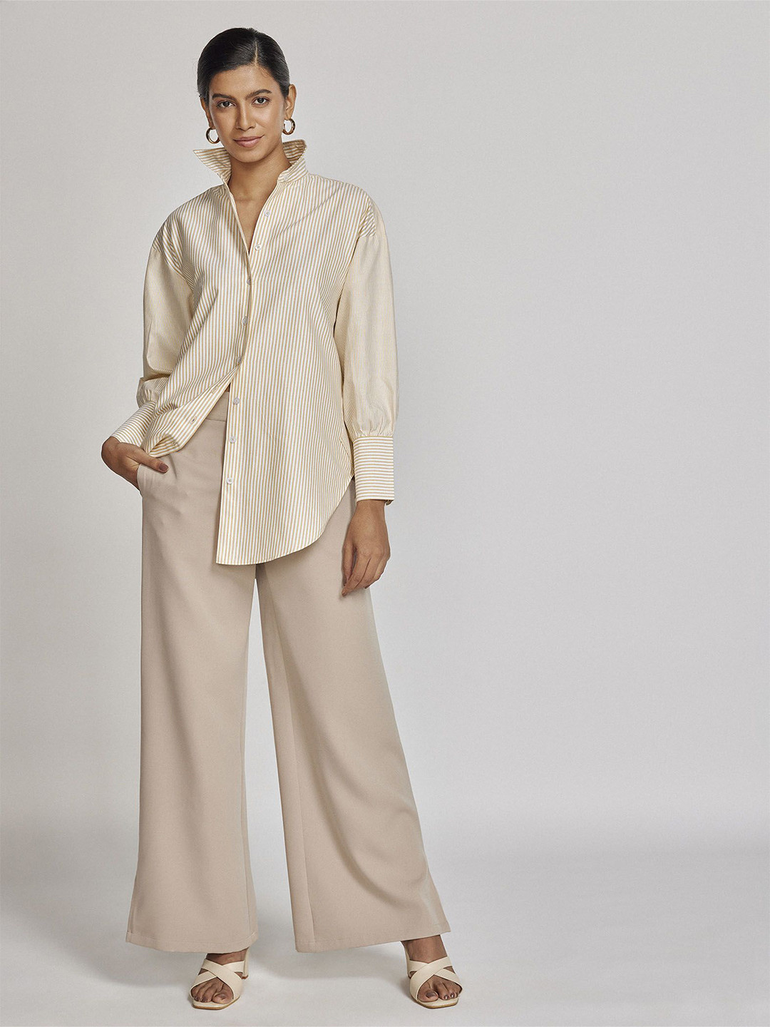 The Label Life Women Spread Collar Vertical Striped Cotton Oversized Casual Shirt