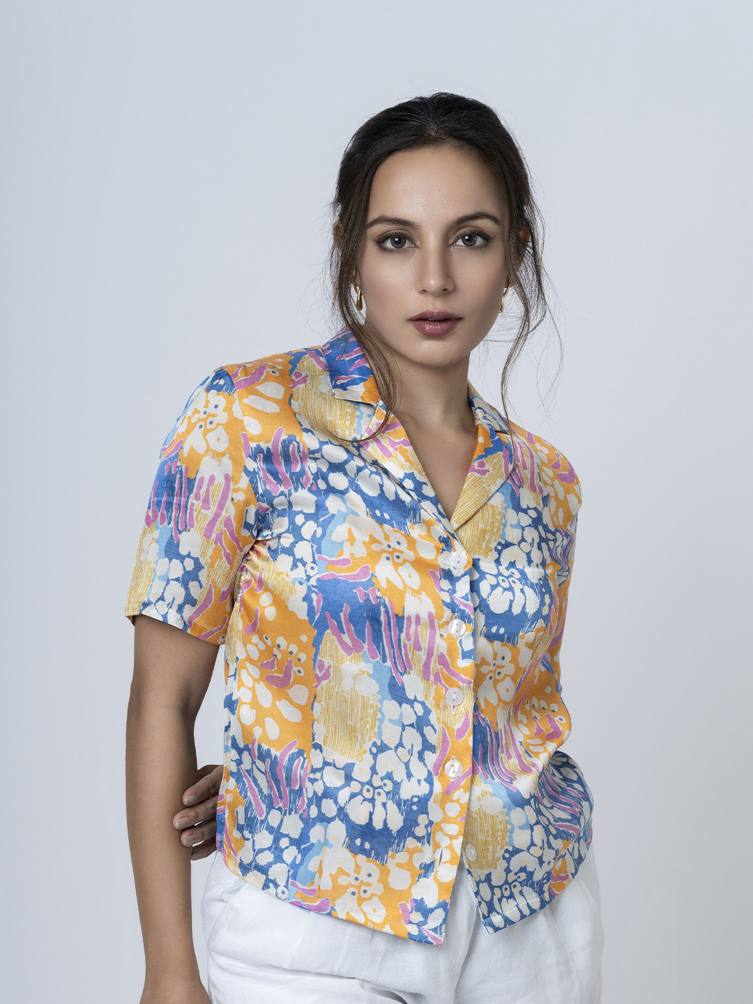 BOONS n PERKKS Women Abstract Printed Lapel Collar Satin Top